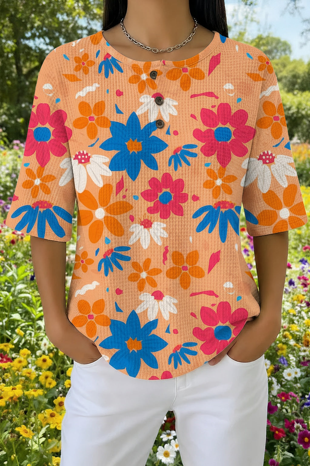 Floral Print Waffle Knit Button Henley Short Sleeve Top