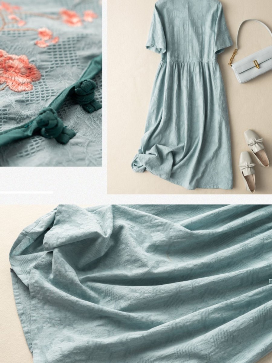 Floral Embroidery Frog Button Crossover V-Neck Tie Waist Midi Dress - View 2