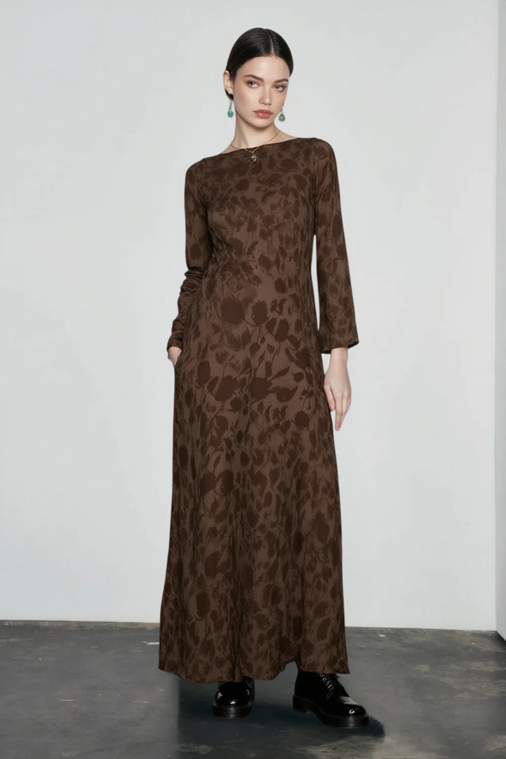 Floral Print Boat Neck Long Sleeve A-Line Maxi Dress