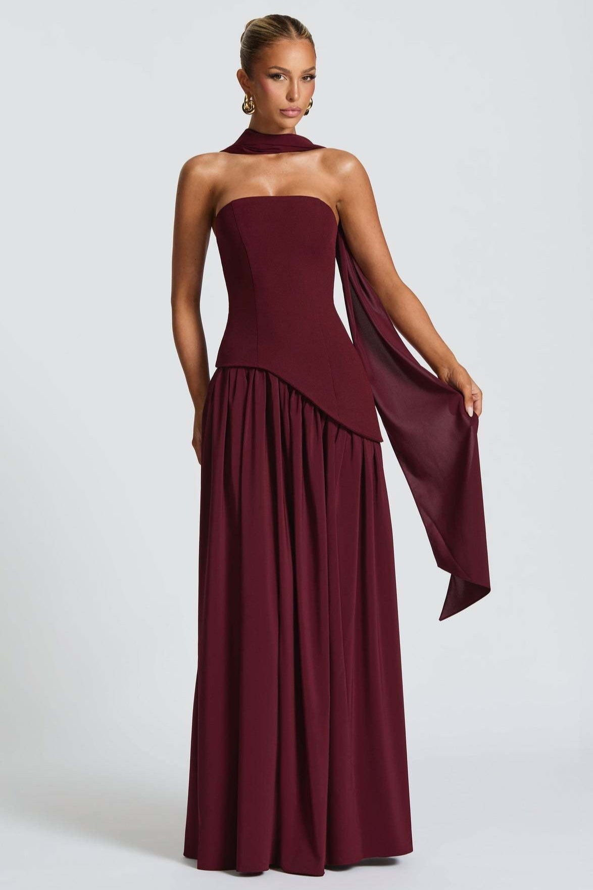 Strapless Scarf Neck High Split Draped Maxi Gown - View 18