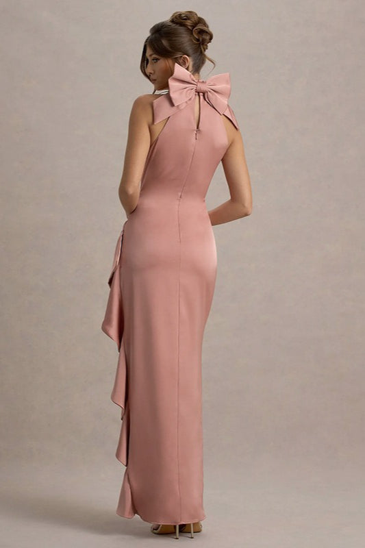 Satin High Neck Bow Back Ruched Ruffle High Split Gown - View 6