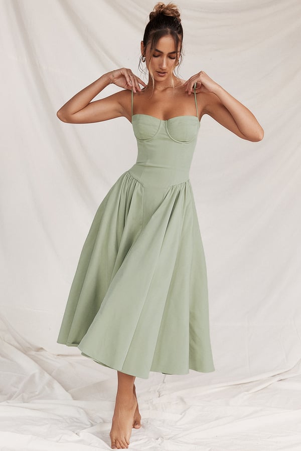 Spaghetti Strap Corset Bodice Pleated Fit and Flare Midi Dress - View 5
