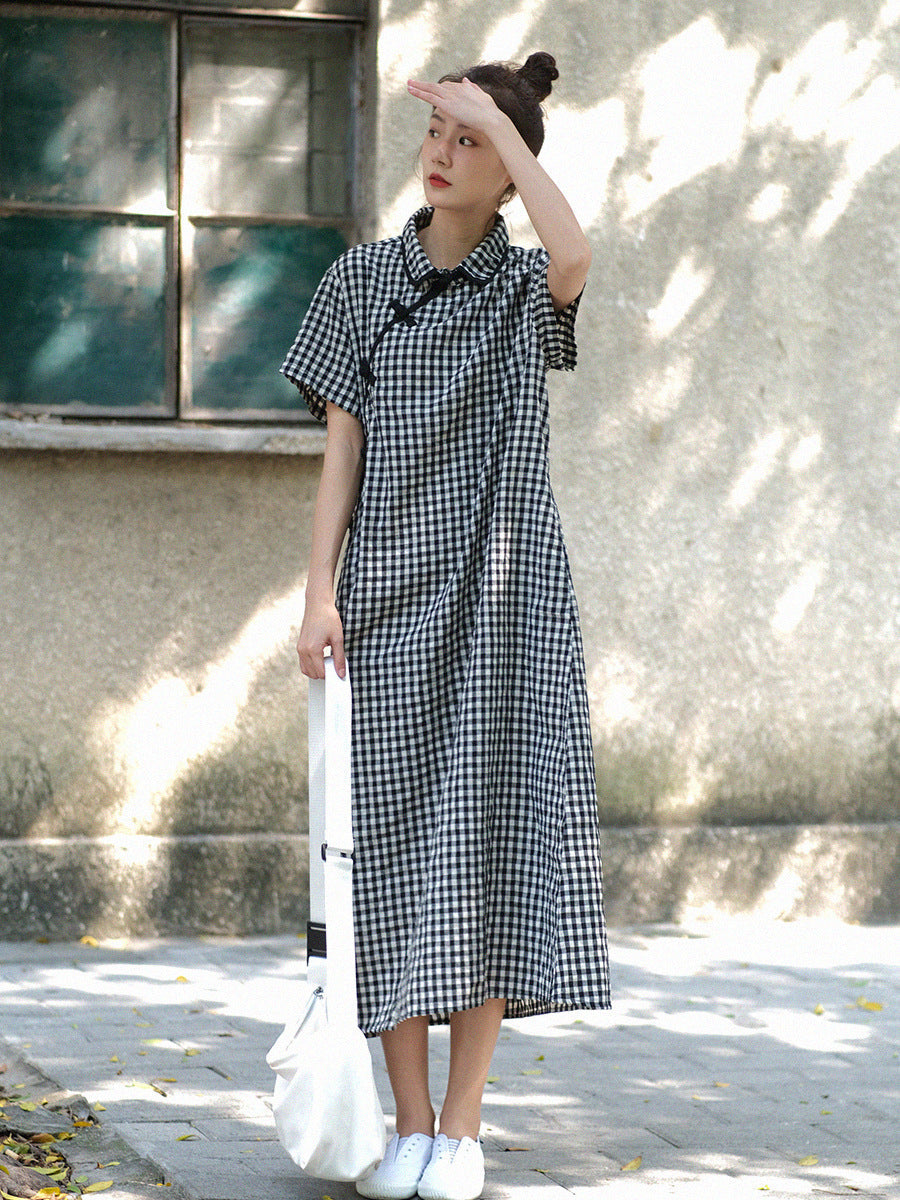 Gingham Check Mandarin Collar Frog Button Short Sleeve Maxi Dress - View 3