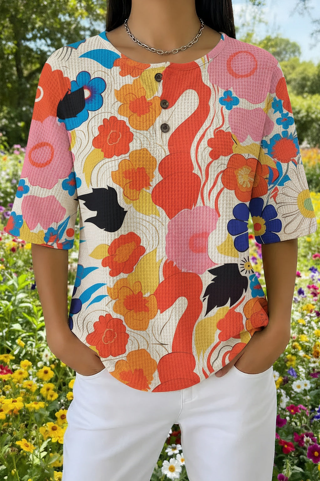 Floral Print Waffle Knit Henley Short Sleeve Top
