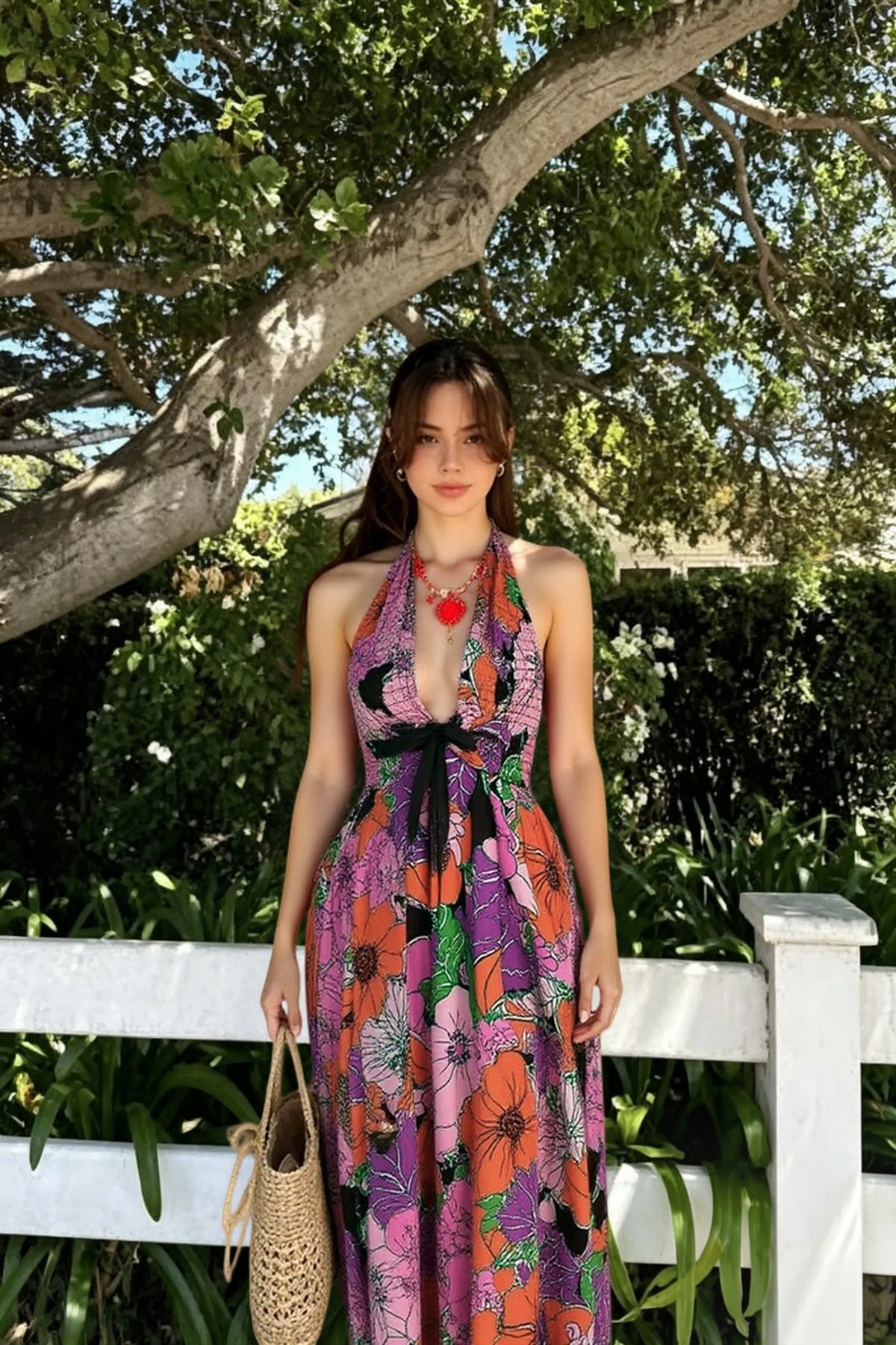 Floral Halter Neck Plunge Tie Front Maxi Dress 3