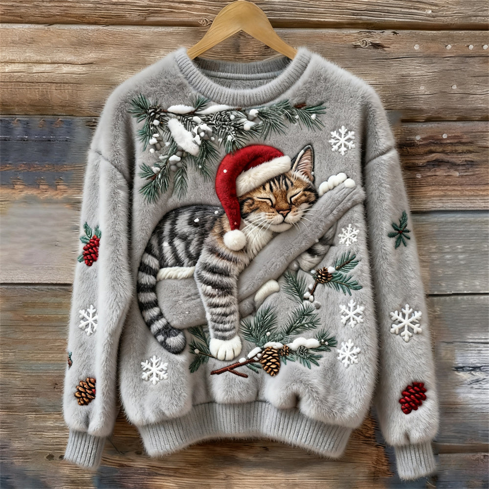 Crew Neck Christmas Cat Print Fuzzy Knit Sweater