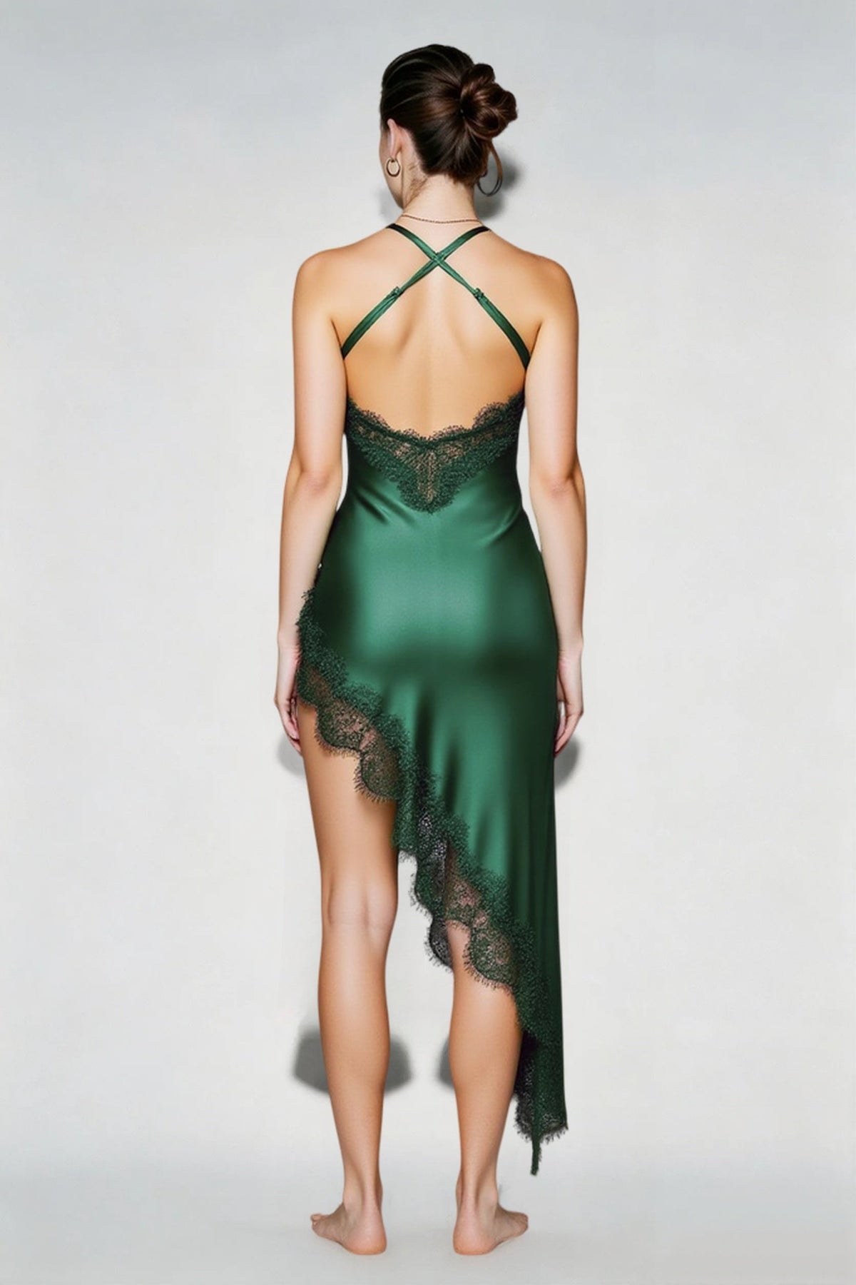 Satin Lace Trim Cross Back Asymmetric High Low Slip Midi Dress