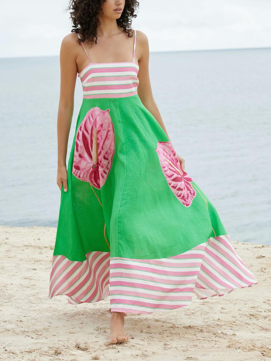 Striped Spaghetti Strap Smocked Tiered Flowy Maxi Dress 2