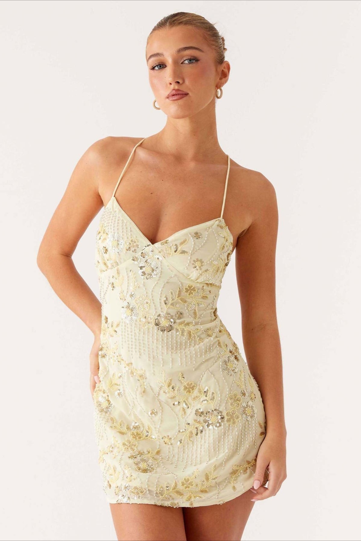 Beaded Floral Spaghetti Strap Bodycon Mini Cocktail Dress - View 23