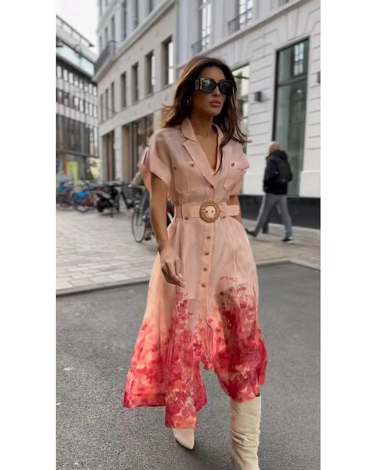Floral Print Collared Short Sleeve Belted Shirt Midi Dress - View 5