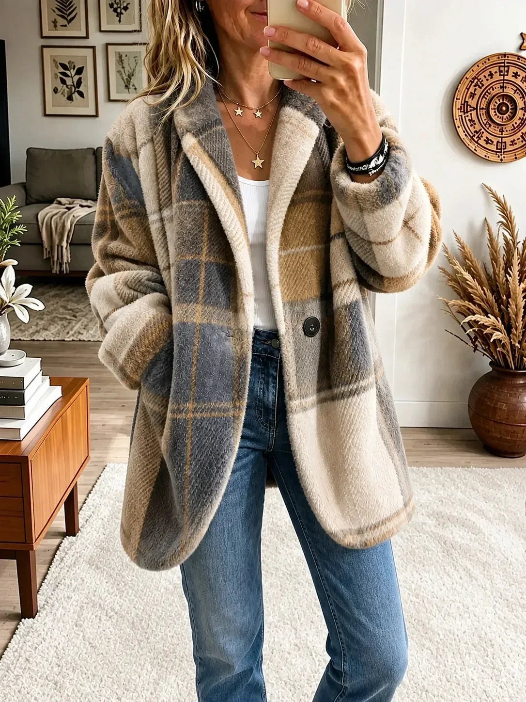 Plaid Notch Lapel Single Button Fleece Coat 6