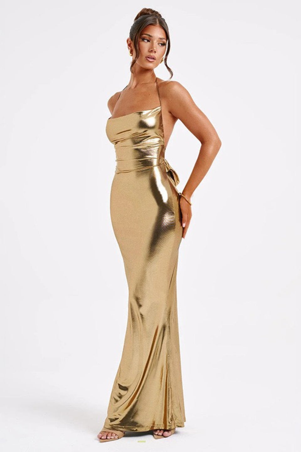 Metallic Spaghetti Strap Ruched Bodycon Fishtail Maxi Dress - View 10
