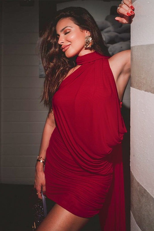 Halter High Neck Draped Ruched Bodycon Cocktail Mini Dress - View 8