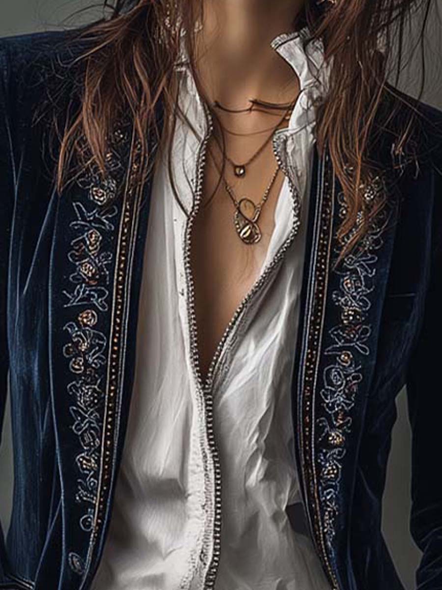 Embroidered Velvet Stand Collar Longline Jacket 5