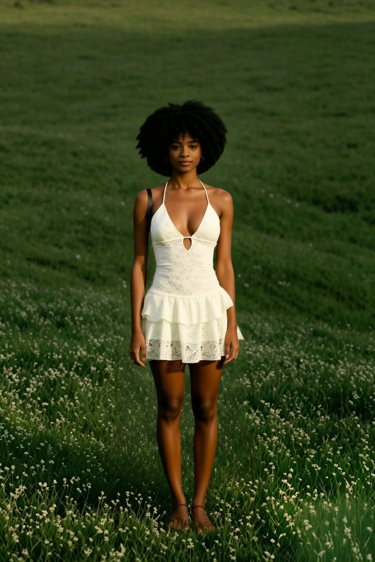 Lace Halter Neck Deep V-Neck Tiered Ruffle Mini Dress - View 2