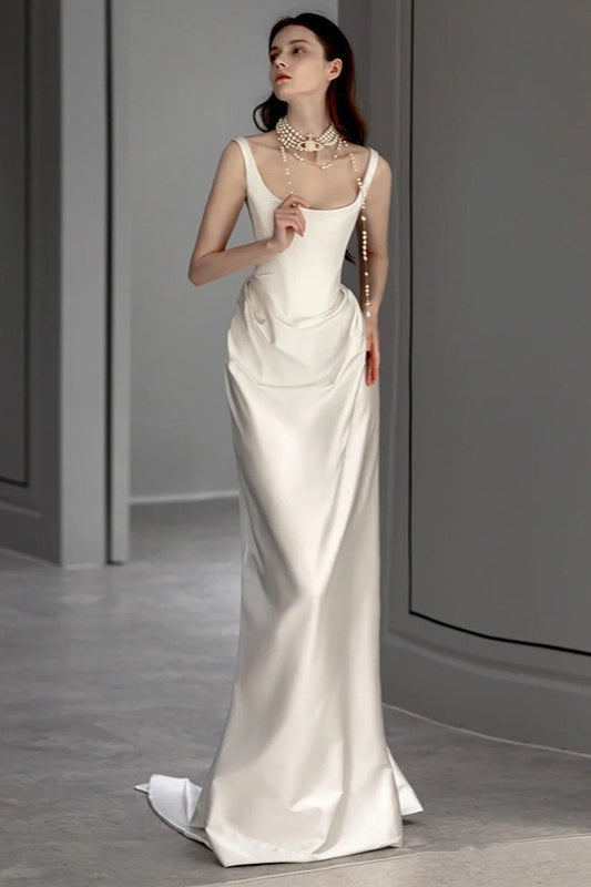 Satin Square Neck Ruched Draped Sweep Train Maxi Prom Gown - View 2