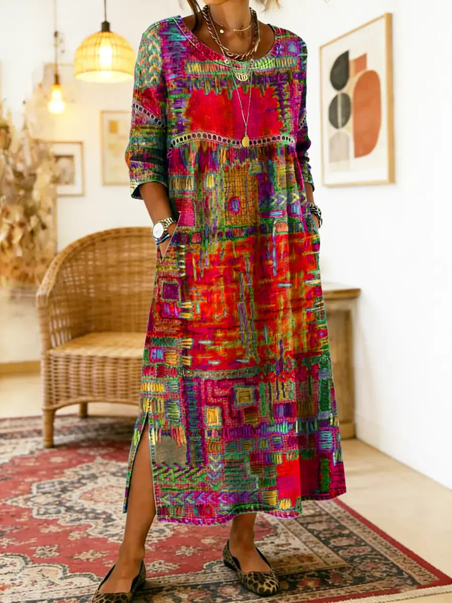 Patchwork Print Round Neck Pocket A-Line Maxi Dress 9