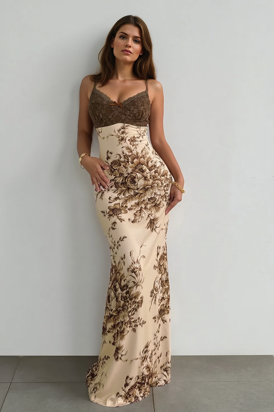 Floral Lace Bustier Spaghetti Strap Mermaid Maxi Dress