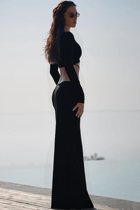 Square Neck Long Sleeve Cut Out Bodycon Maxi Dress - View 7