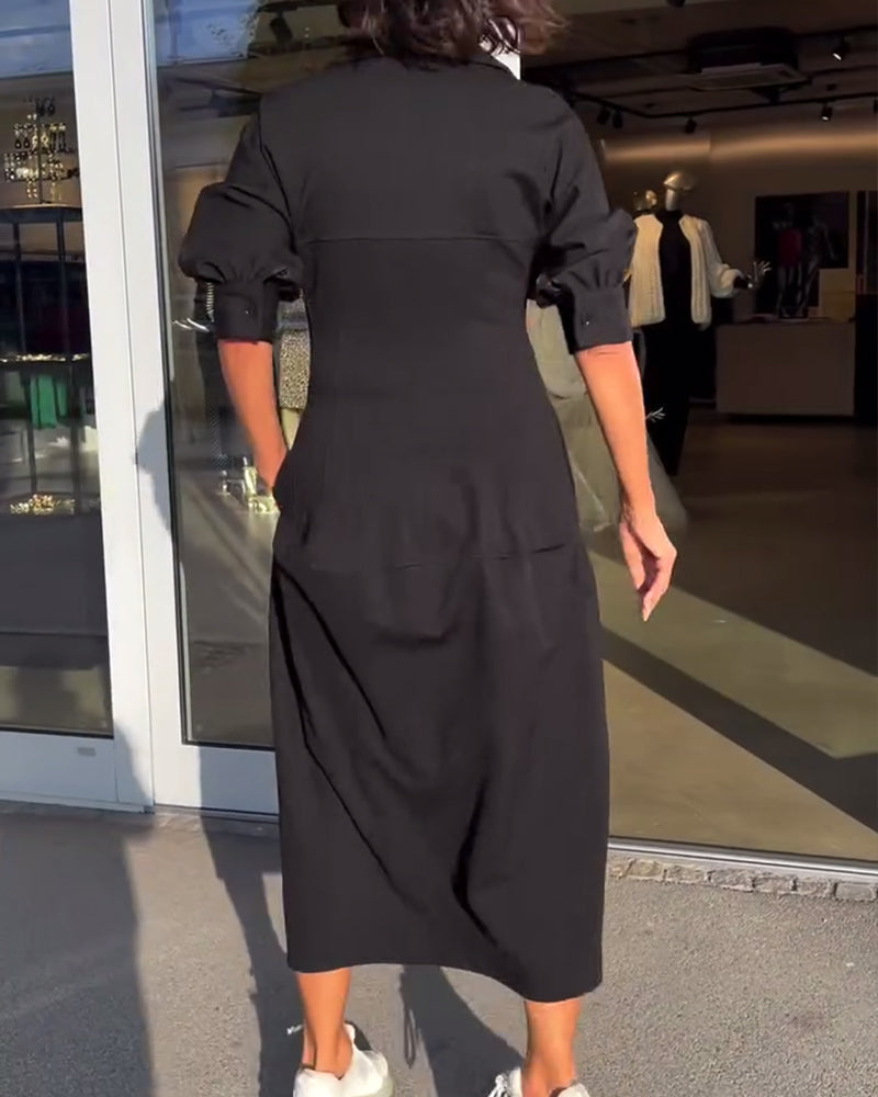 Collared V-Neck Short Sleeve Pocket Cocoon Midi Dress 4