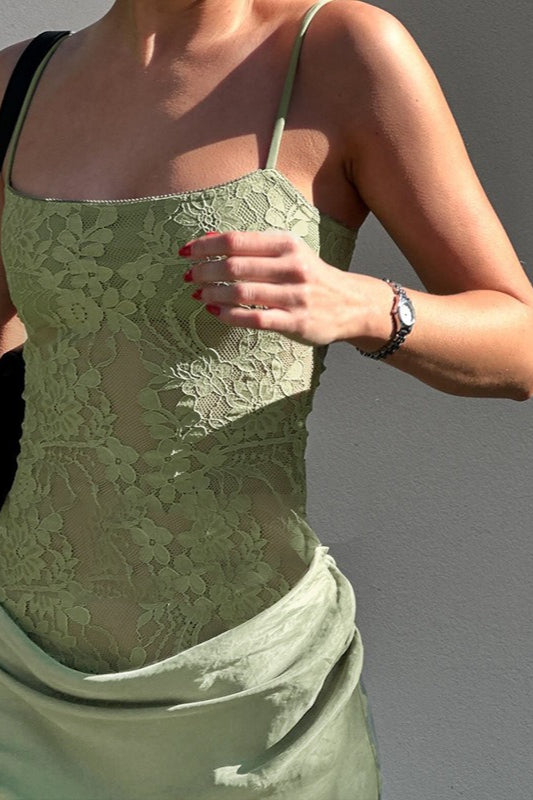 Lace Mesh Spaghetti Strap Draped Waist Maxi Dress - View 6