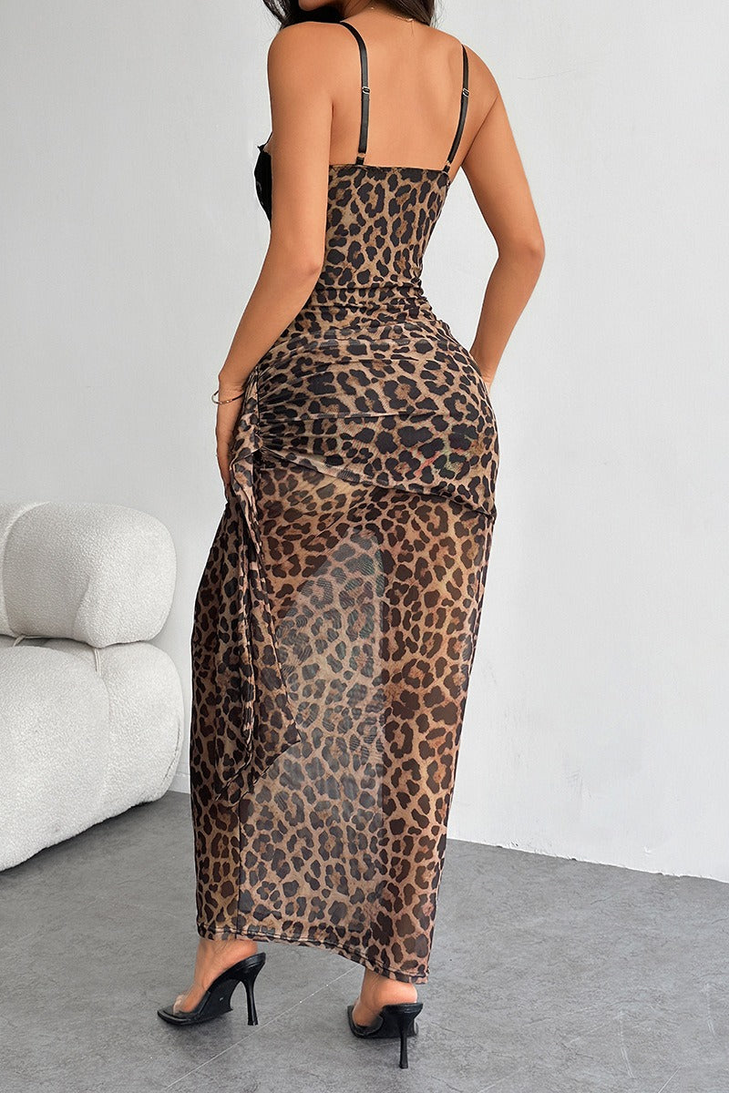 Leopard Print Corset Bustier Ruched High Split Maxi Dress 4