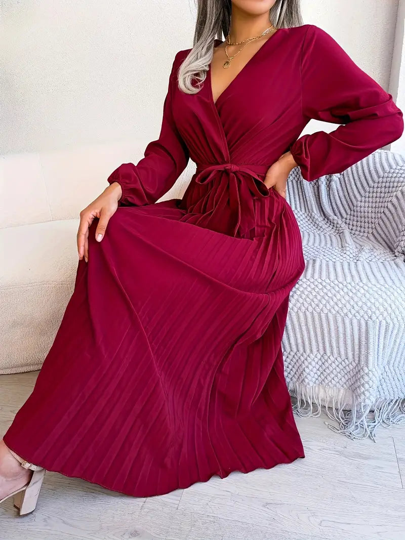 Wrap V-Neck Long Sleeve Pleated Tie Waist Maxi Dress - View 3