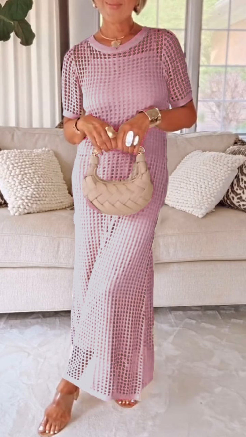 Crochet Hollow Out Short Sleeve Knit Maxi Cover Up Dress 4