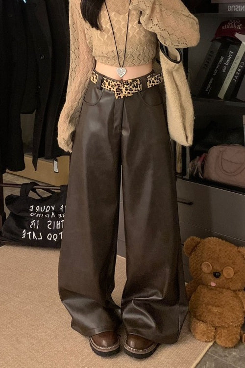 High Waist PU Leather Elastic Waist Wide Leg Pants