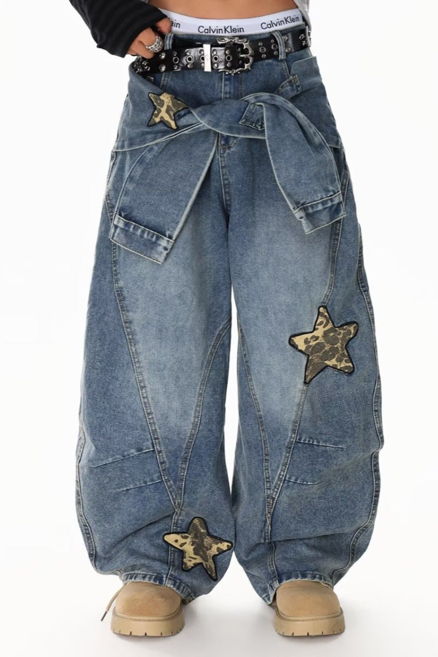 Vintage Washed Patchwork Wide-Leg Denim Jeans