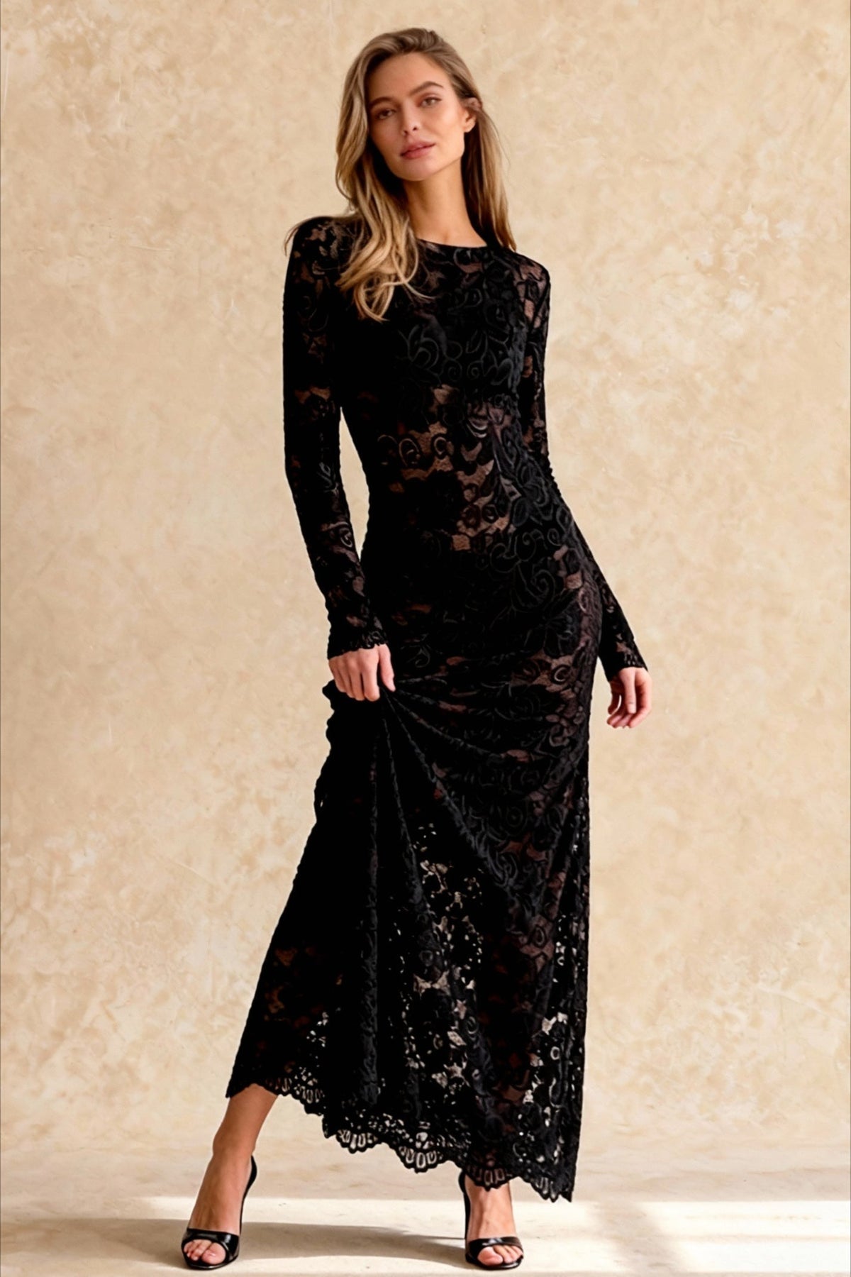 Jacquard Sheer Lace Long Sleeve Mermaid Maxi Dress - View 3