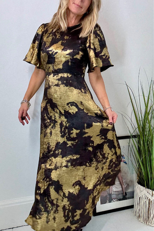 Metallic Marble Print Crew Neck Flutter Sleeve A-Line Maxi Gown - View 5