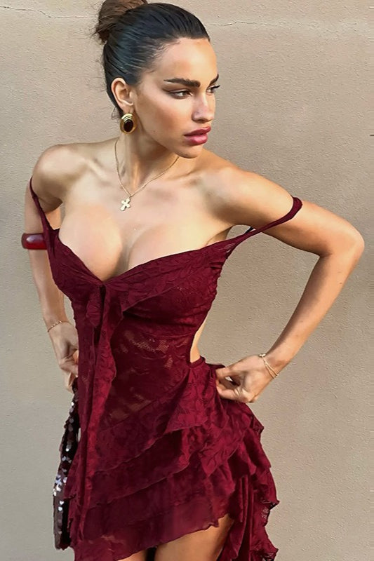 Lace Strapless Party Dress in Red - View 2