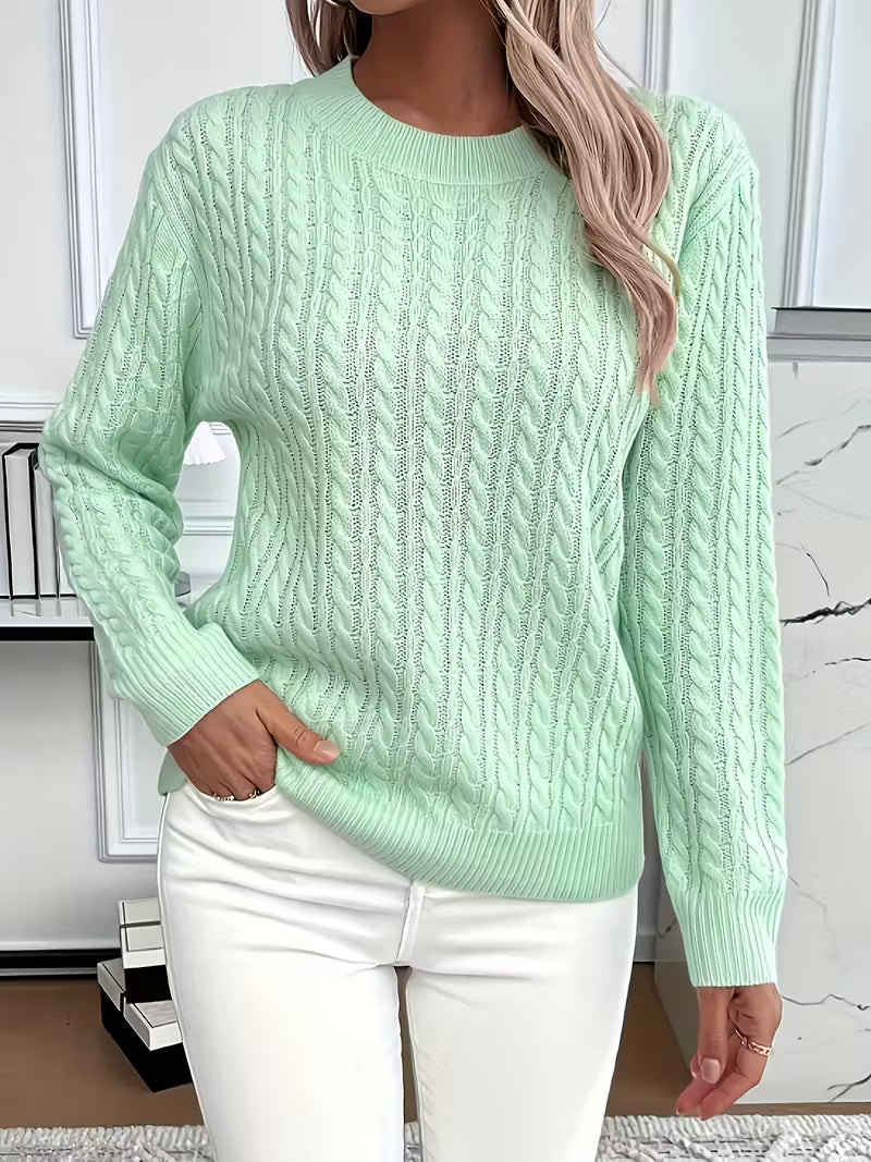 Crew Neck Long Sleeve Pointelle Cable Knit Sweater 2