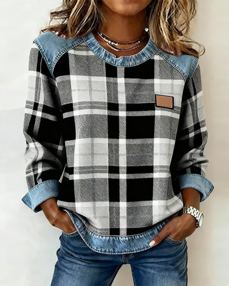 Crew Neck Plaid Denim Contrast Long Sleeve Sweatshirt 9