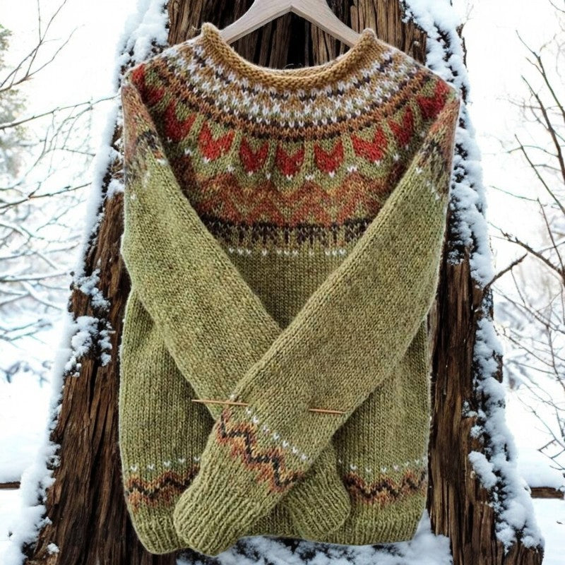 Crew Neck Fair Isle Long Sleeve Knit Sweater