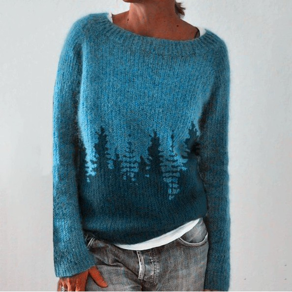 Boat Neck Forest Print Ribbed Knit Sweater 2