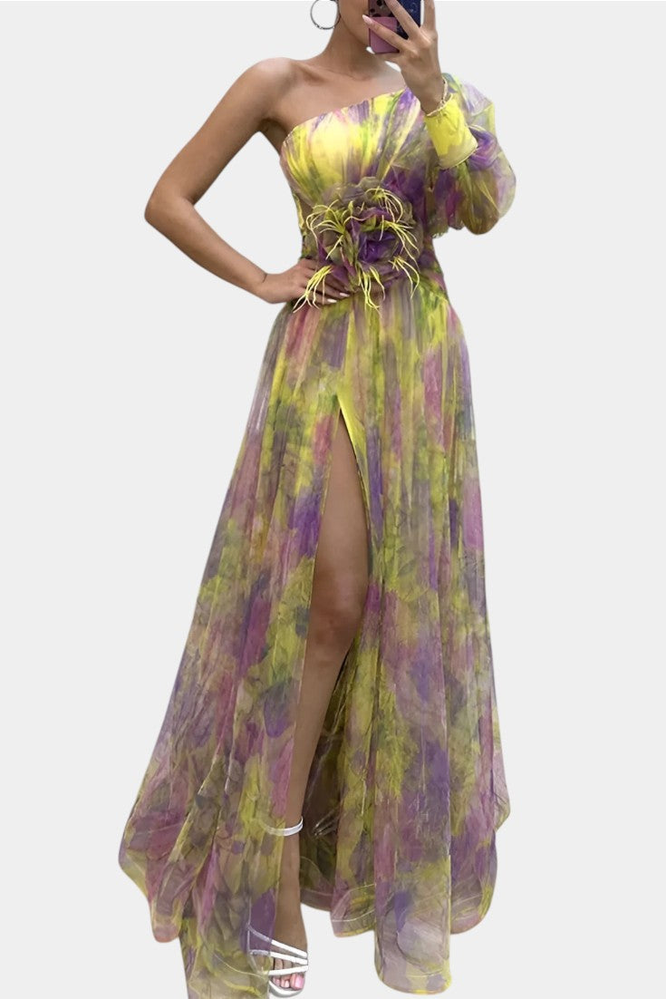 Floral One Shoulder Long Sleeve High Split Maxi Gown 2