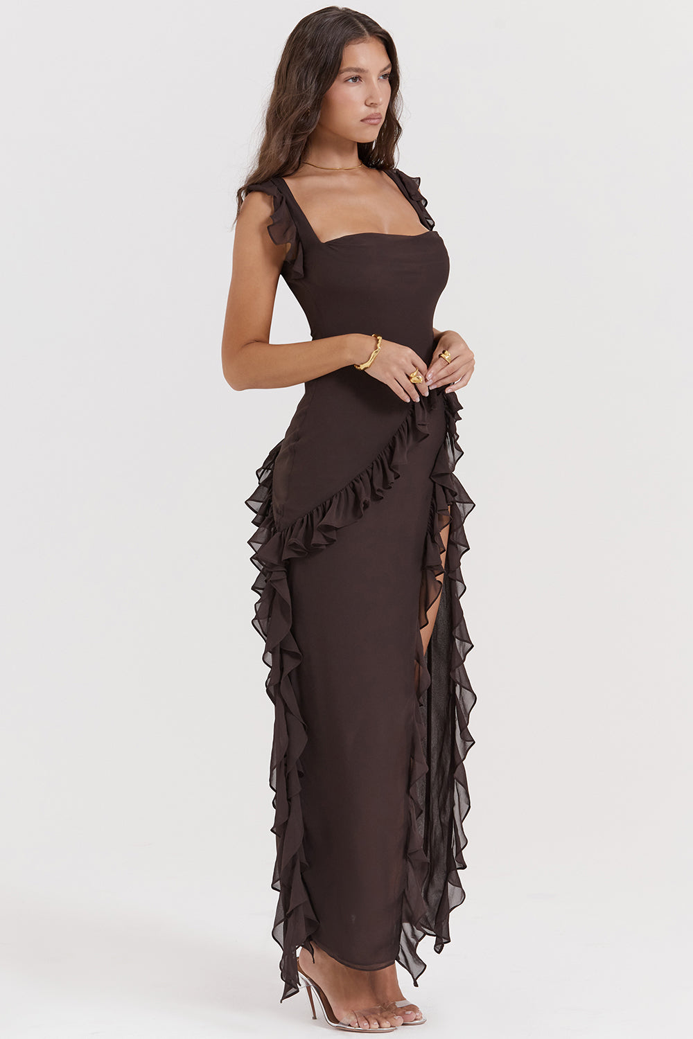Chiffon Square Neck Ruffle Strap High Split Maxi Gown 27