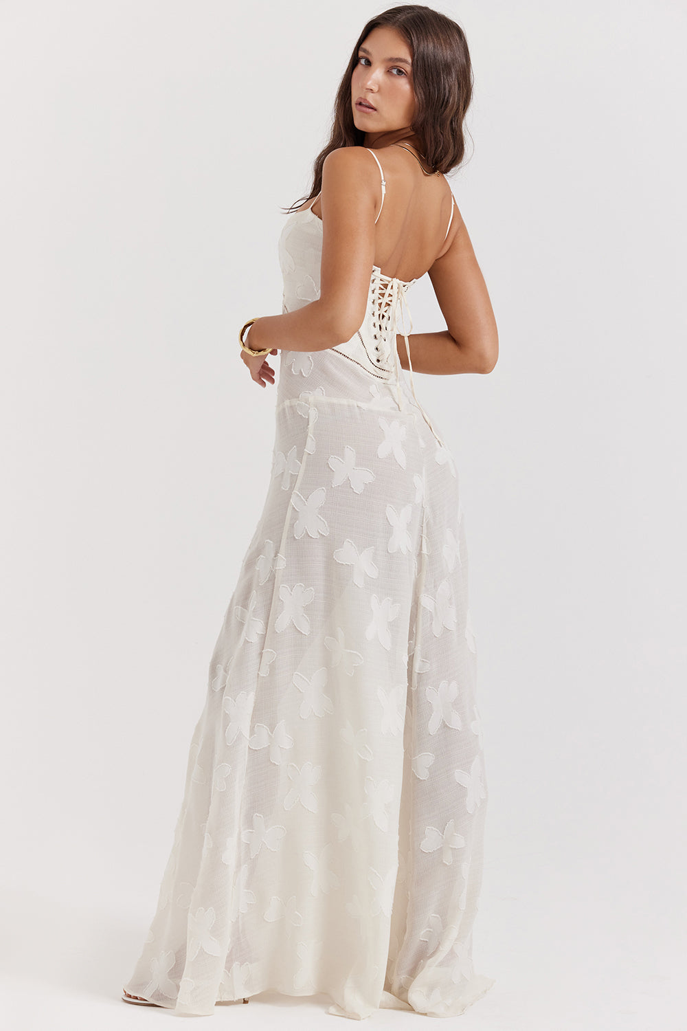 Floral Lace Spaghetti Strap Corset Bodice Sheer Mesh Maxi Gown - View 17