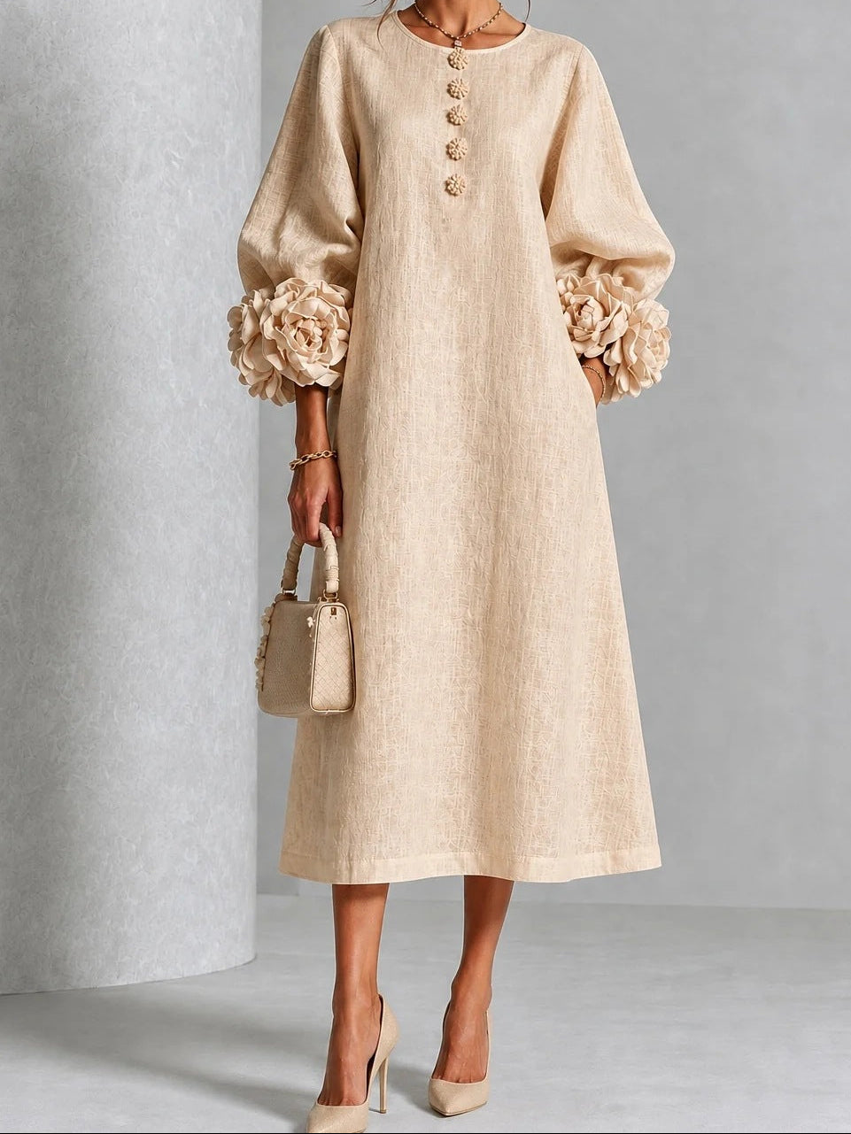 Round Neck 3D Floral Cuff Button Front Midi Dress 4
