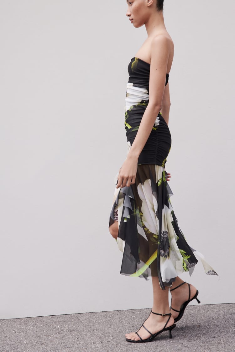 Floral Print Mesh Strapless High Low Midi Dress - View 4