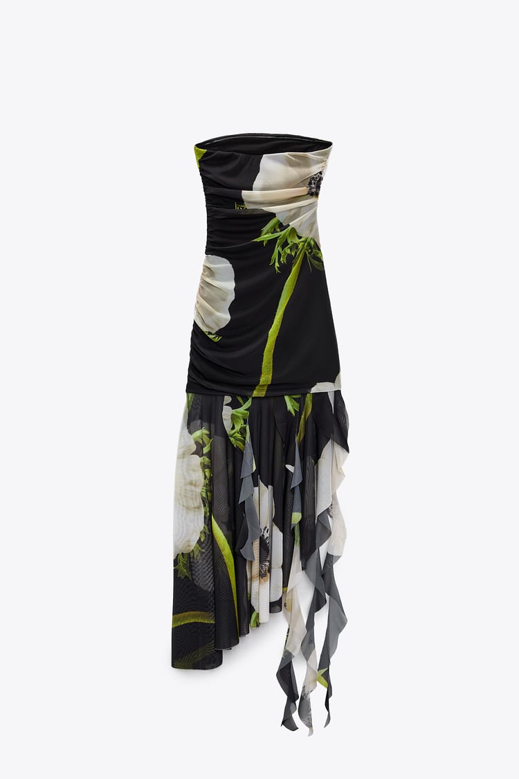 Floral Print Mesh Strapless High Low Midi Dress - View 7