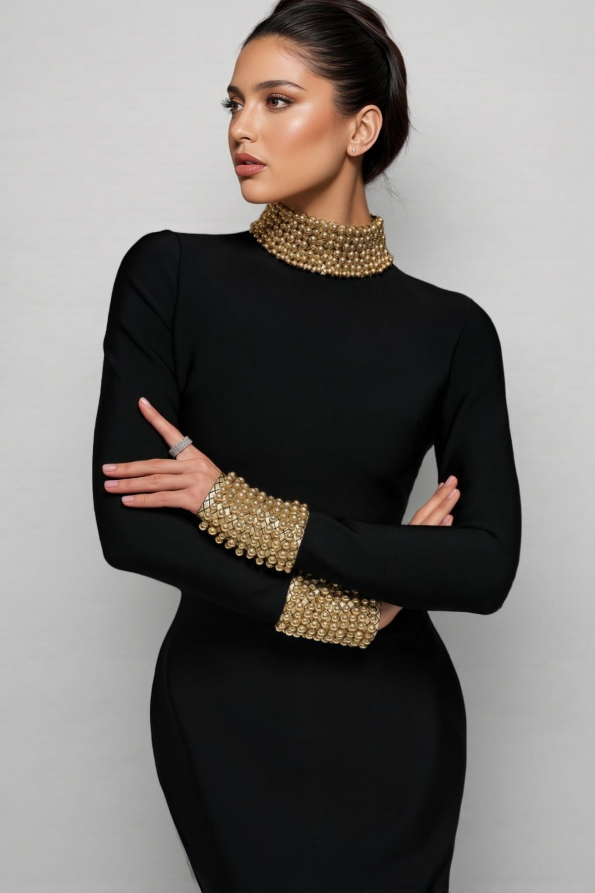 Beaded Mock Neck Long Sleeve Bodycon Bandage Maxi Gown - View 3