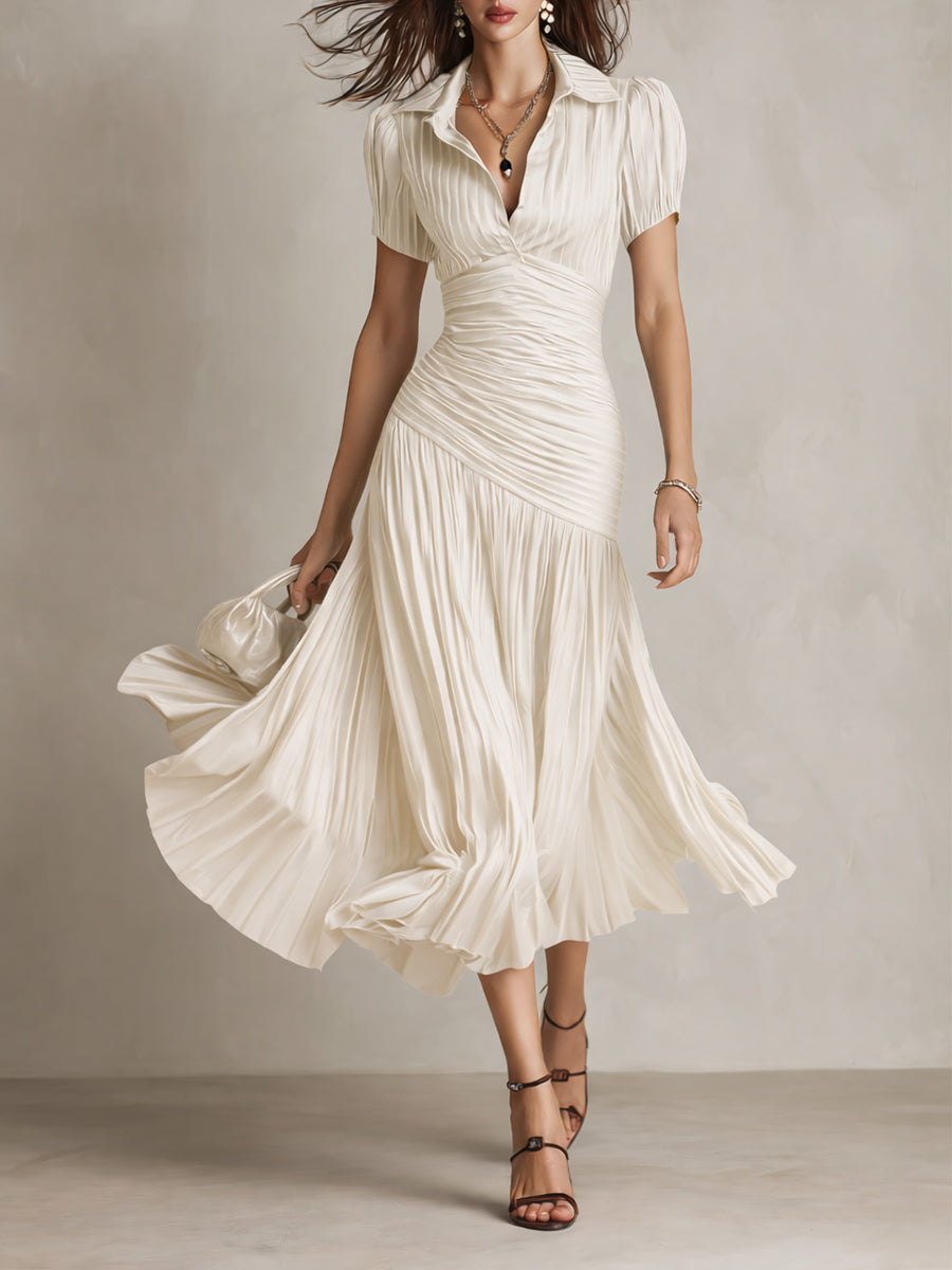 Striped Satin Collared Short Sleeve Ruched Pleated Fishtail Midi Dress 3