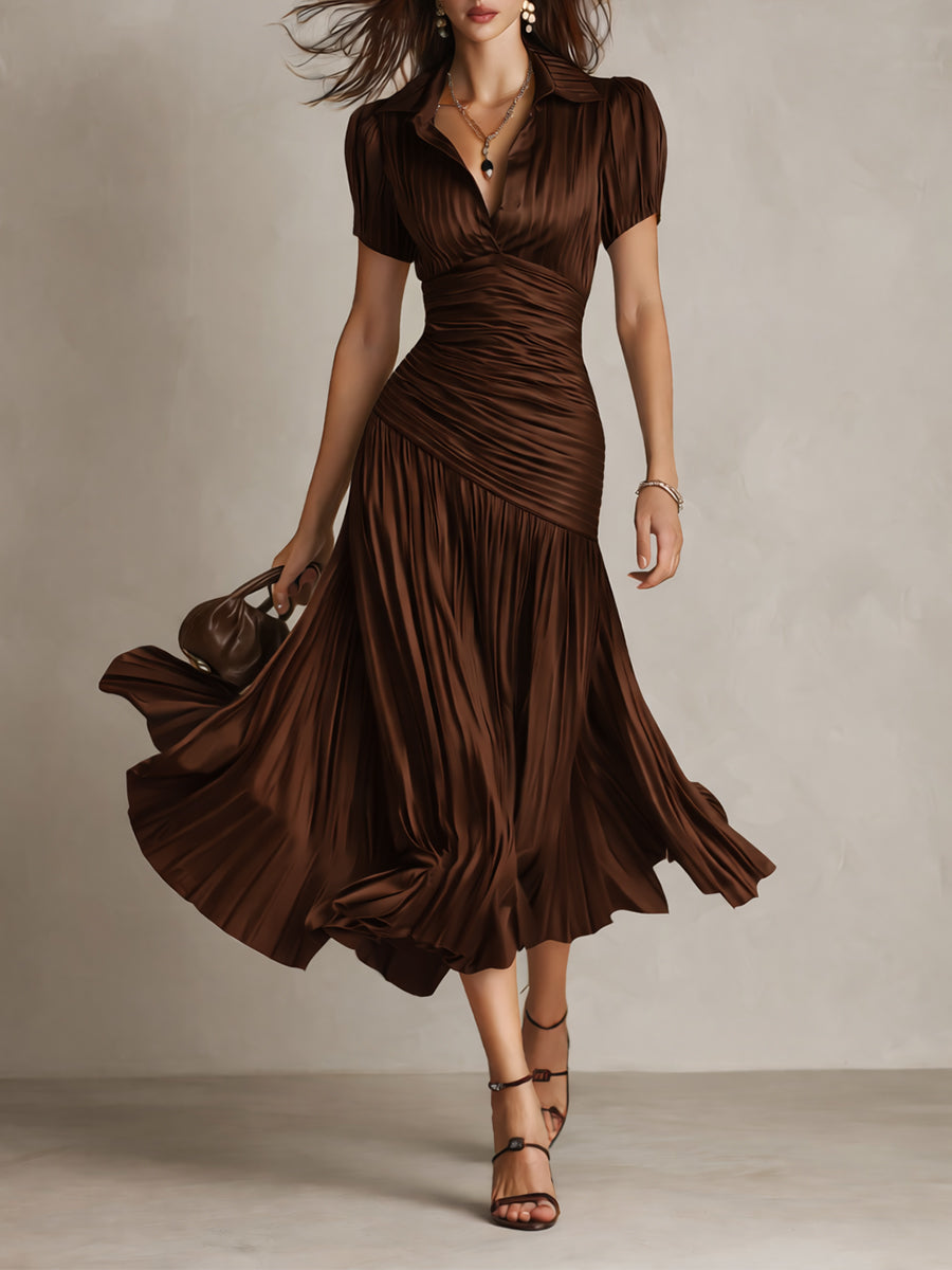 Striped Satin Collared Short Sleeve Ruched Pleated Fishtail Midi Dress 5