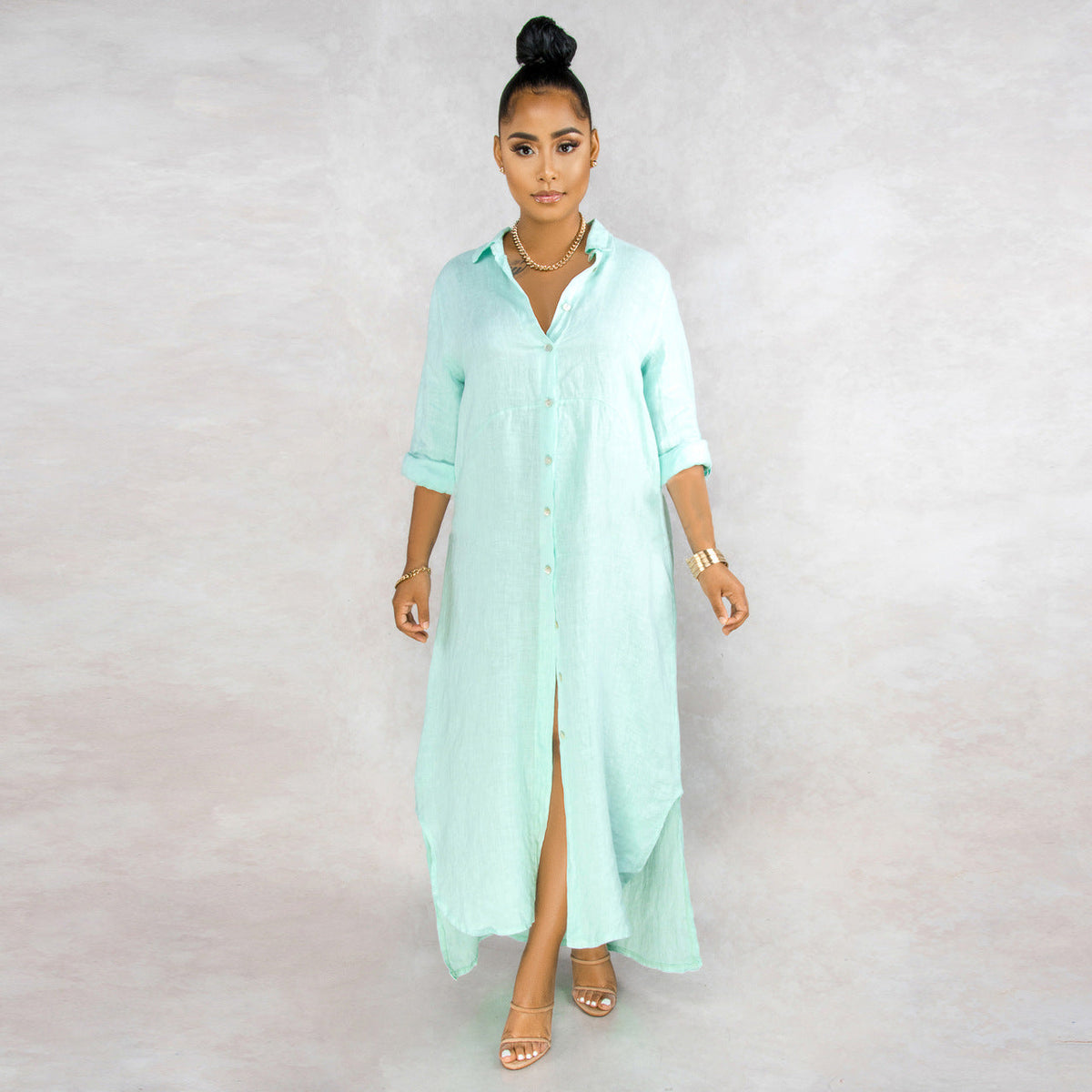 Button Down Collared Roll Tab Sleeve Box Pleat Maxi Shirt Dress - View 11