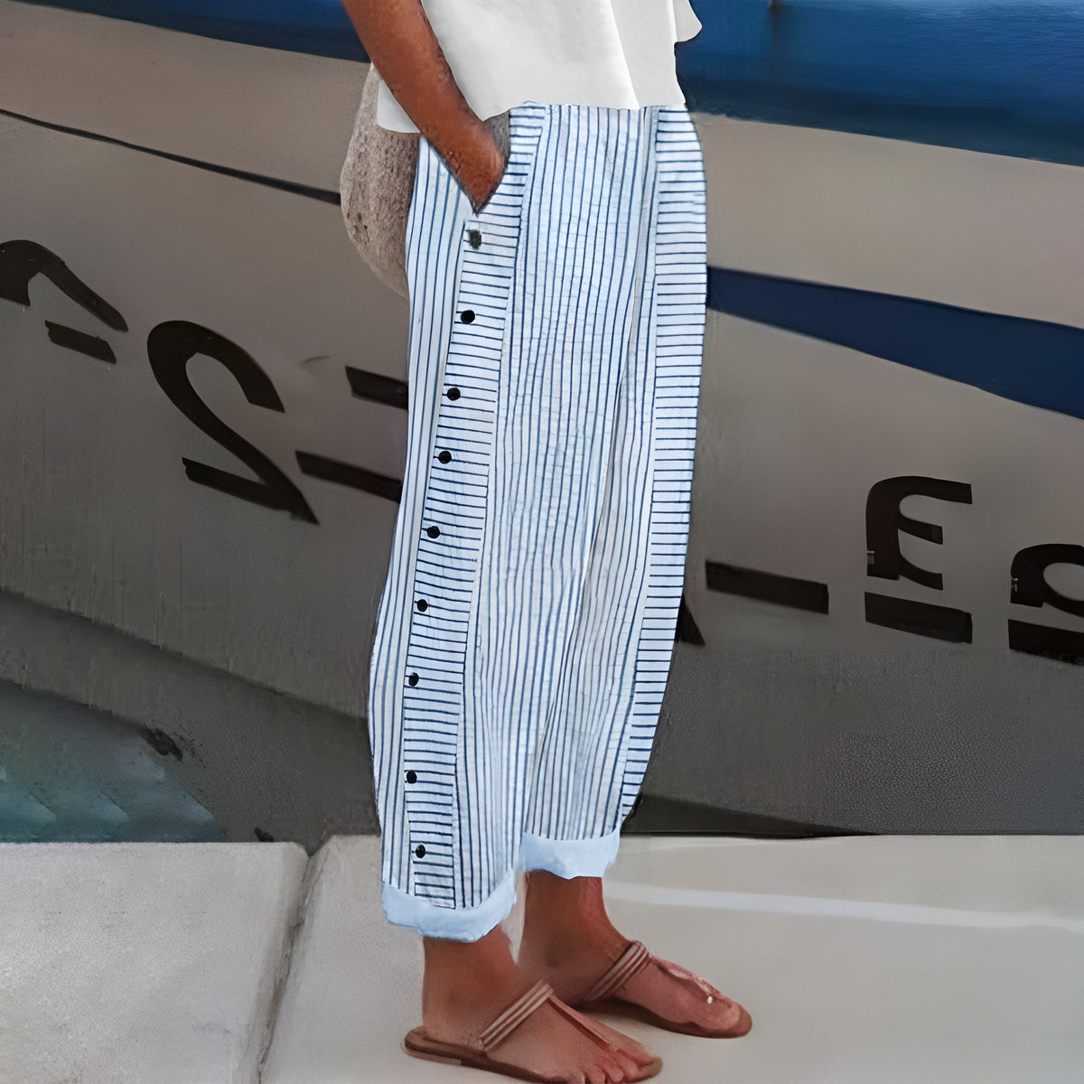 Striped Side Button Tapered Trousers 11