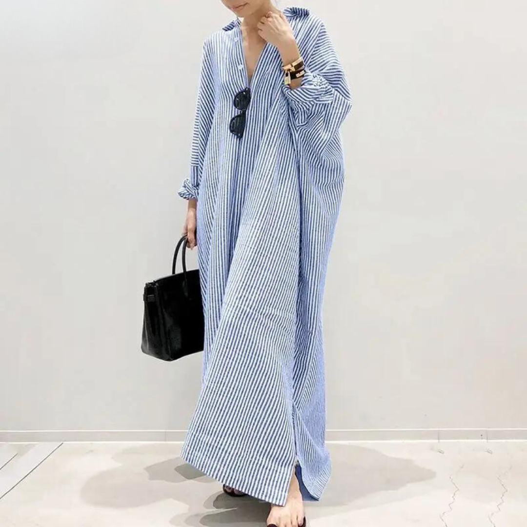 Vertical Stripe V-Neck Collar Button Down High Split Shirt Maxi Dress - View 2