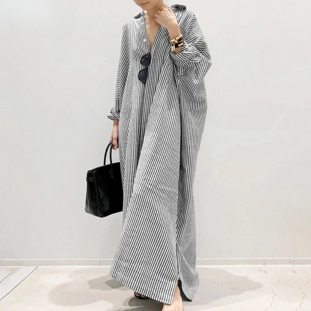 Vertical Stripe V-Neck Collar Button Down High Split Shirt Maxi Dress